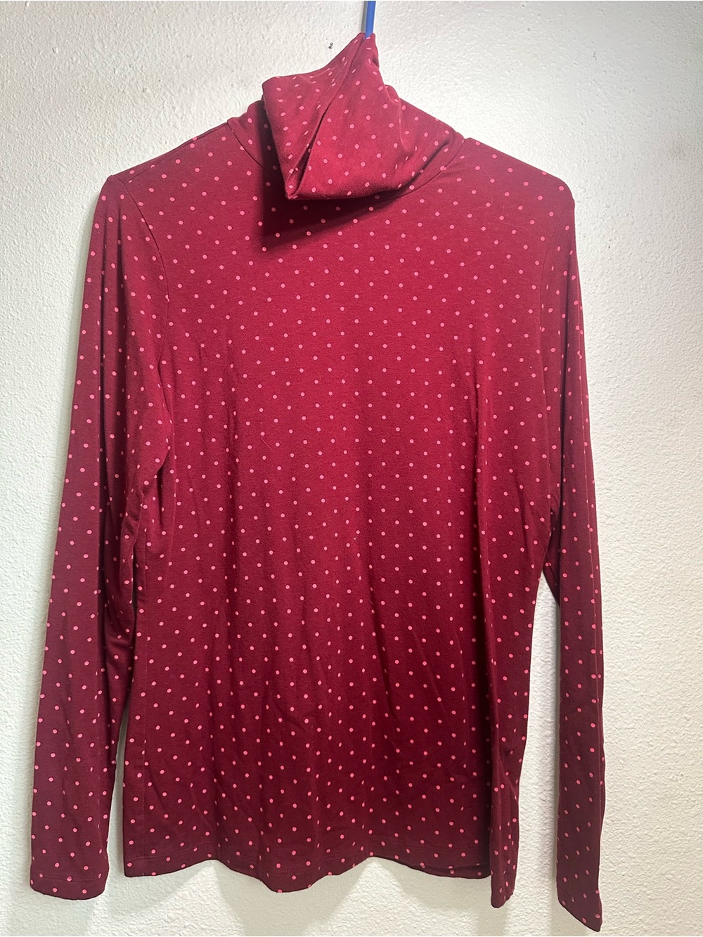 Lands' End Women’s Burgundy Long-Sleeve Turtleneck with Pink Polka Dots Size M